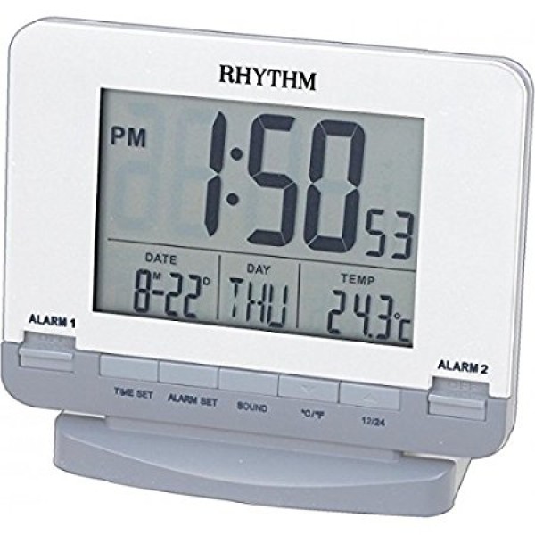 Rhythm LCD Clock 3 Steps Beep Alarm,Snooze,Led Light,Calendar,12-24 Hour Change,Digital Clock 